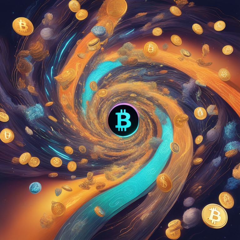 A vibrant, swirling vortex representing the tumultuous yet captivating world of cryptocurrency markets, with iconic symbols of Bitcoin, Dogecoin, and unknown future tokens caught in the dynamic flow, art by visionary digital artists, trending on Artstation, digital illustration, hand-drawn digital art capturing both the chaos and allure of investing in new crypto ventures, high-dynamic-range imagery, encapsulating the unpredictable journey from groundbreaking technology to market adoption.