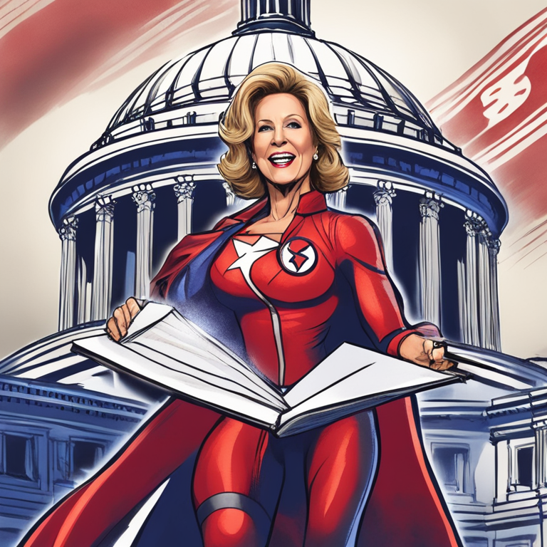 Congresswoman Ann Wagner in a superhero stance at Capitol Hill, holding legislative documents like thunderbolts, symbolizing her three reform bills targeting the SEC's rulemaking process, with a backdrop of a vividly colored Capitol building, hand-drawn digital illustration, Artstation HQ, digital art, capturing the essence of reform and action.