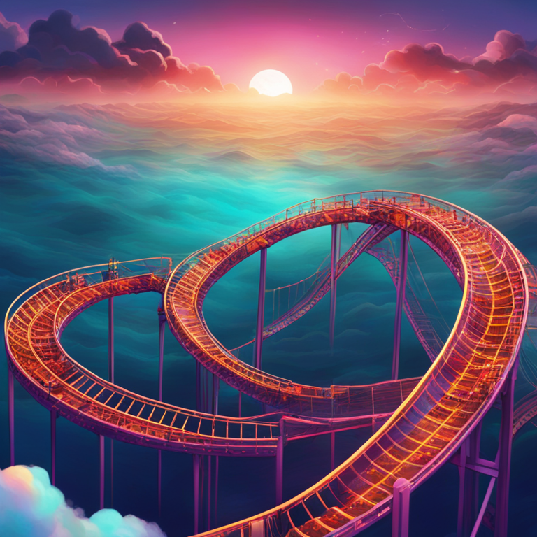 A mesmerizing visual of Polkadot's (DOT) roller-coaster ride in the crypto market, featuring a graph peak touching the clouds and a potential fall into the sea, encapsulating the uncertainty and thrill, art by top digital creators on Artstation, high-resolution digital art, vivid colors against a moody sky, embodying the volatility of cryptocurrencies.