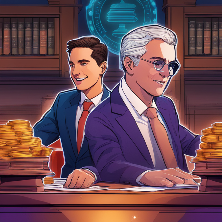 Animated courtroom drama featuring Coinbase CLO and SEC Chair in a spirited debate, complete with flying crypto coins and swirling legal papers, set against a vividly colored, digital courtroom backdrop, hand-drawn digital illustration, vibrant and dynamic, trending on Artstation HQ