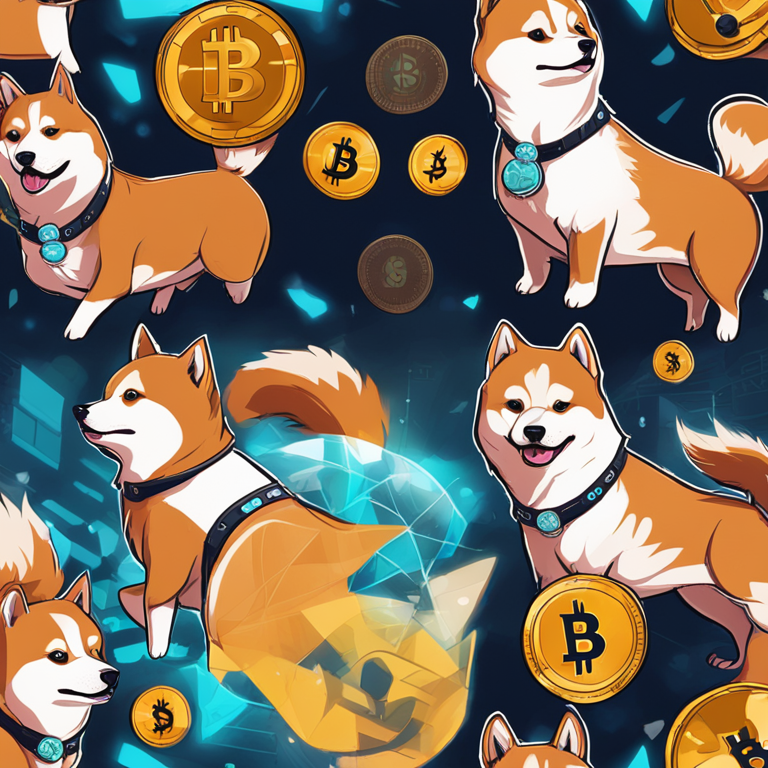 hand-drawn digital illustration, Artstation HQ, digital art featuring Shiba Inu dog with digital cryptocurrency symbols, modern, vibrant colors, detailed, trending financial theme