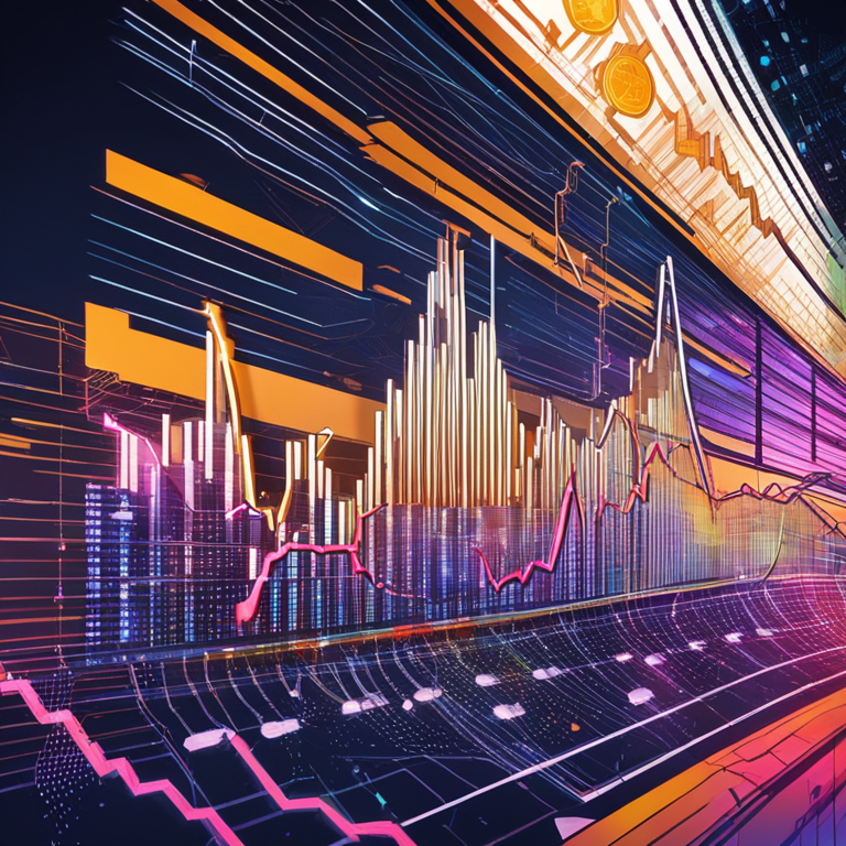 hand-drawn digital illustration, Artstation HQ, digital art showing stock market charts with cryptocurrency logos, futuristic, modern trends, vibrant and dynamic