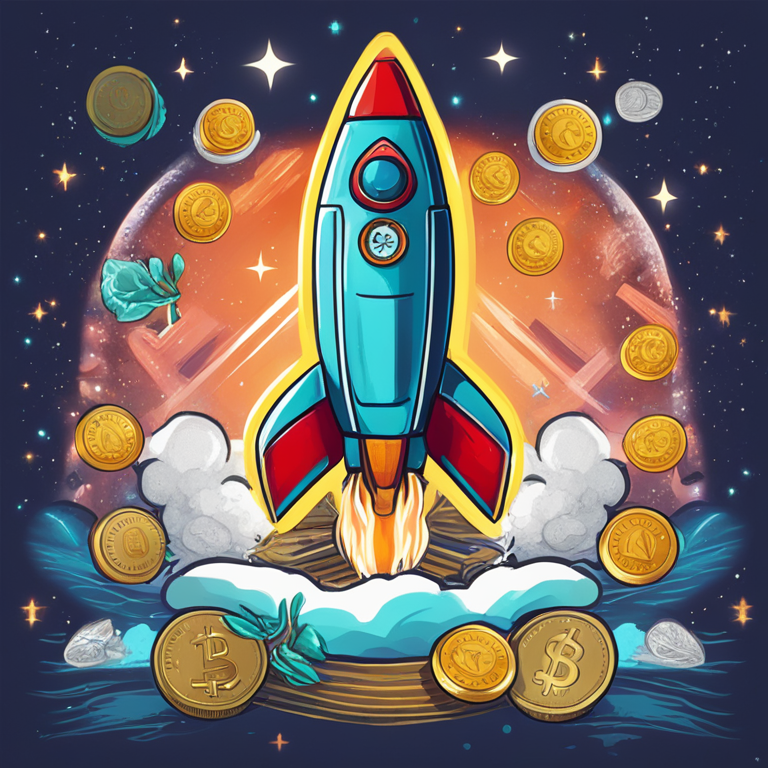 hand-drawn digital illustration showing a rocket ship with meme coins like PEPE, FLOKI, and MOG, Artstation HQ, digital art, colorful and playful in style