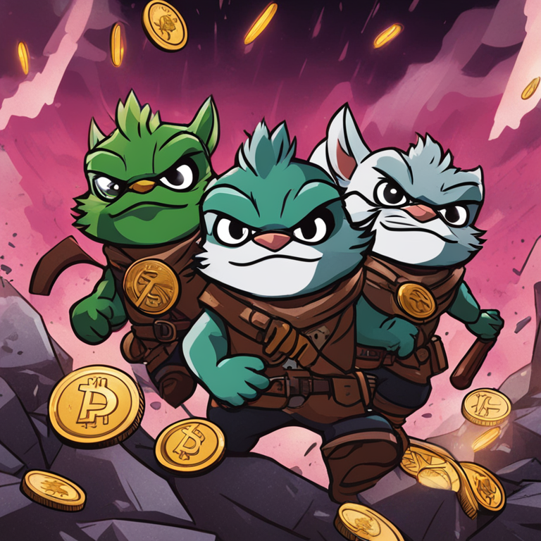 Abstract illustration featuring icons of PEPE, FLOKI, and MOG coins surging upwards, in a comic book style, Artstation HQ, digital art