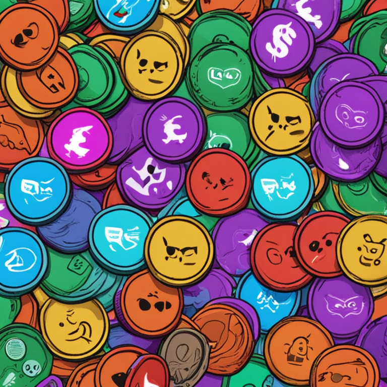 Meme Coin Rally, digital illustration of various colorful coins with meme faces, GameStop logo in background, hand-drawn digital art, Artstation HQ