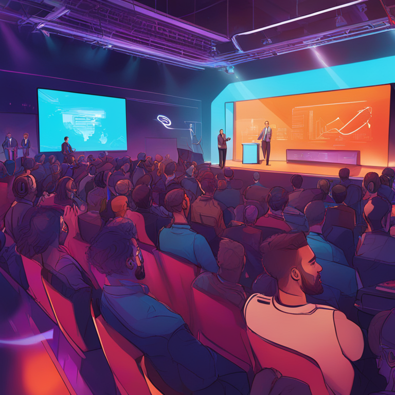 hand-drawn digital illustration, Artstation HQ, digital art of Chainalysis CEO speaking at a futuristic tech conference, vibrant stage, sleek design, bold colors, digital art, trending on Artstation, modern business audience, high-tech atmosphere, soft lighting, detailed expressive scene showing innovation and enthusiasm