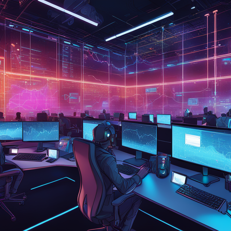 hand-drawn digital illustration, Artstation HQ, digital art of futuristic blockchain network monitoring, vibrant data flows, high-tech screens, bold colors, digital art, trending on Artstation, detailed network analysis, modern workspace, soft lighting, illustrating blockchain and real-world entities