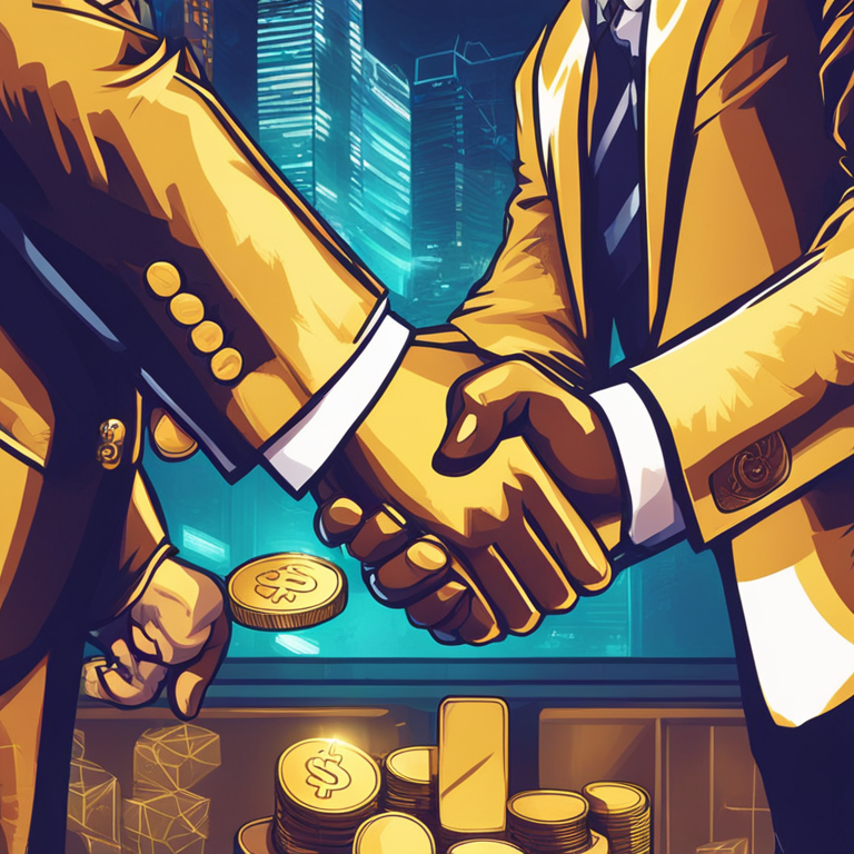 hand-drawn digital illustration, Artstation HQ, digital art, business people shaking hands over gold coin exchange, high-tech, blockchain, upbeat, vibrant, illustrative style