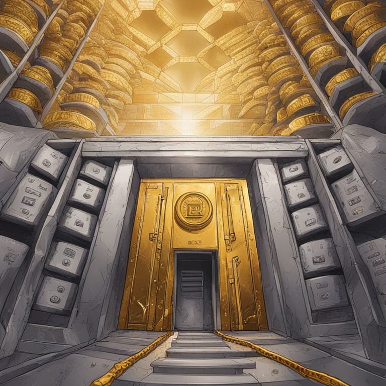 modern hand-drawn digital illustration, HQ, digital art, central bank vault, gold reserves, economic diversification, blockchain integration, detailed, vibrant, Artstation quality