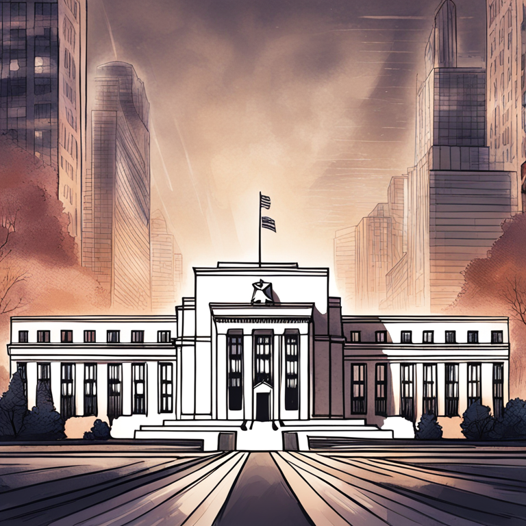 hand-drawn digital illustration, Federal Reserve building with futuristic elements, Artstation HQ, digital art, interest rate cut probabilities, economic decision making, modern design, high-tech, magazine publication style