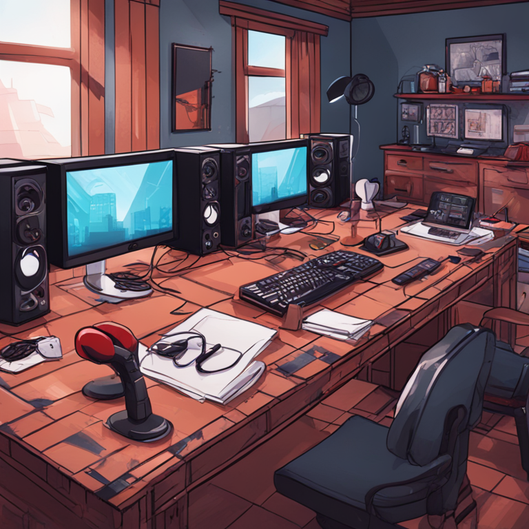 Hand-drawn digital illustration, Artstation HQ, digital art of a chaotic livestream setup with computers, boxing gloves, and a tiled dining room setting