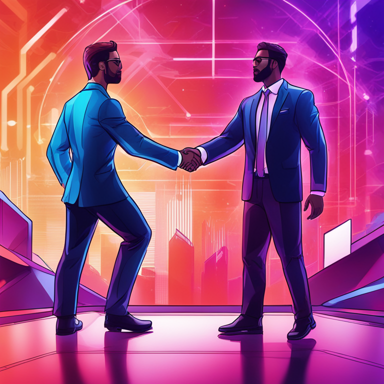 Hand-drawn digital illustration, Artstation HQ, digital art, two business partners shaking hands, futuristic background with blockchain elements, vibrant colors, professional and modern design