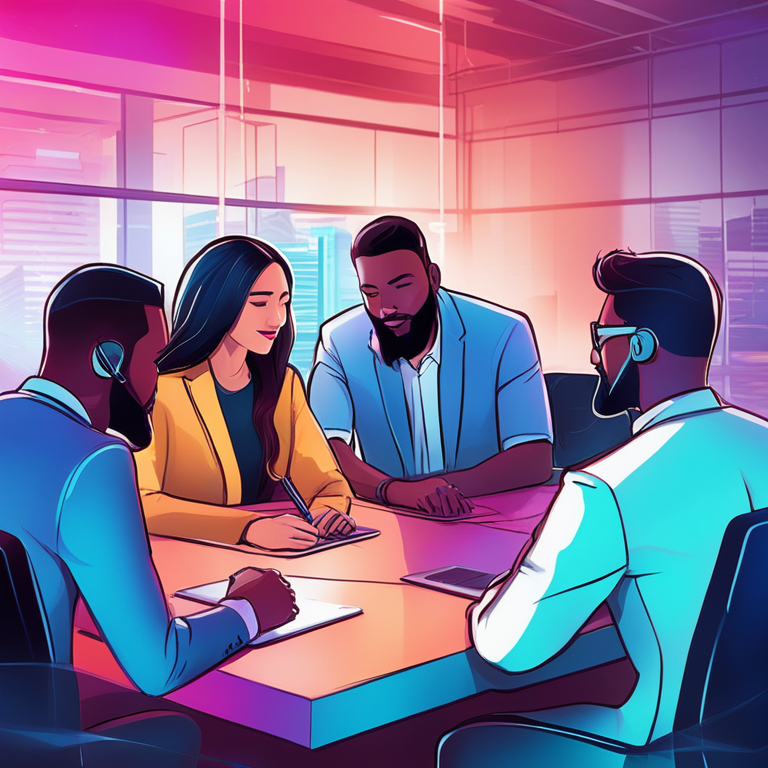 Hand-drawn digital illustration, Artstation HQ, digital art, futuristic business meeting with diverse team members discussing strategic partnership, vibrant colors, modern design with blockchain technology elements