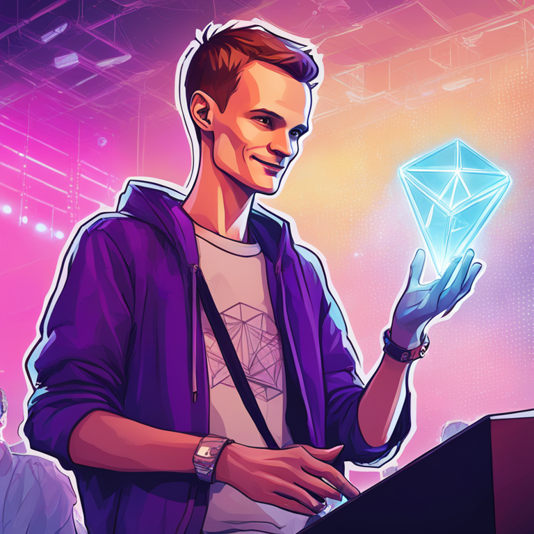 hand-drawn digital illustration, Artstation HQ, digital art of Vitalik Buterin presenting Ethereum solution, futuristic presentation, tech audience, vibrant colors, detailed, trending on Artstation