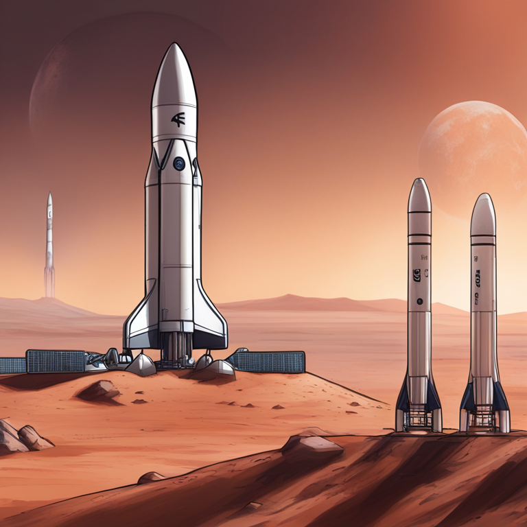 hand-drawn digital illustration of SpaceX rockets geared for Mars mission, futuristic, Artstation HQ, digital art