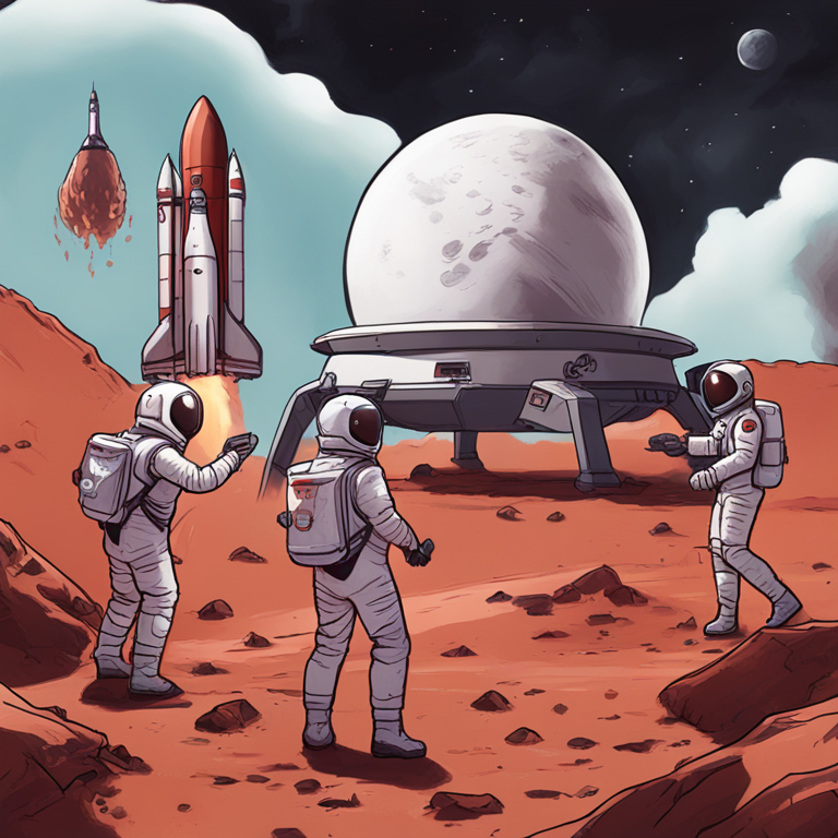 hand-drawn digital illustration, Artstation HQ, digital art, humorous Mars colonization history mashup, stylized with references to the American Revolution, astronauts dumping tea into Mars sky, SpaceX rockets, Artstation-inspired high quality graphics