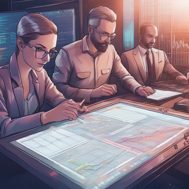 hand-drawn digital illustration, Artstation HQ, digital art, complex options market chart with Ethereum logo, traders discussing data, futuristic, detailed, magazine style