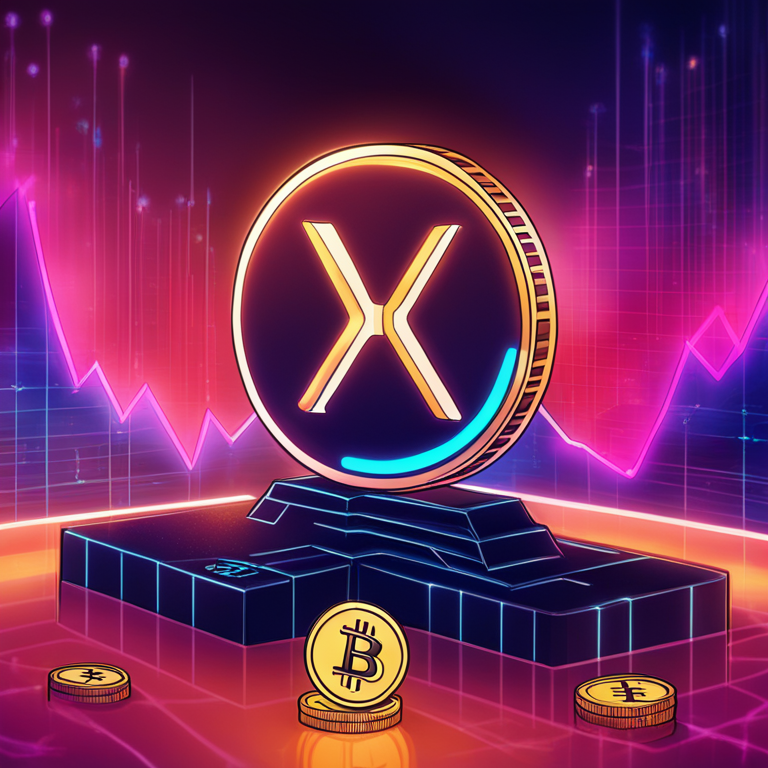 Hand-drawn digital illustration of XRP cryptocurrency logo, surrounded by a futuristic market trend graph, Artstation HQ, digital art, vibrant colors, soft lighting, crisp details, modern financial setting