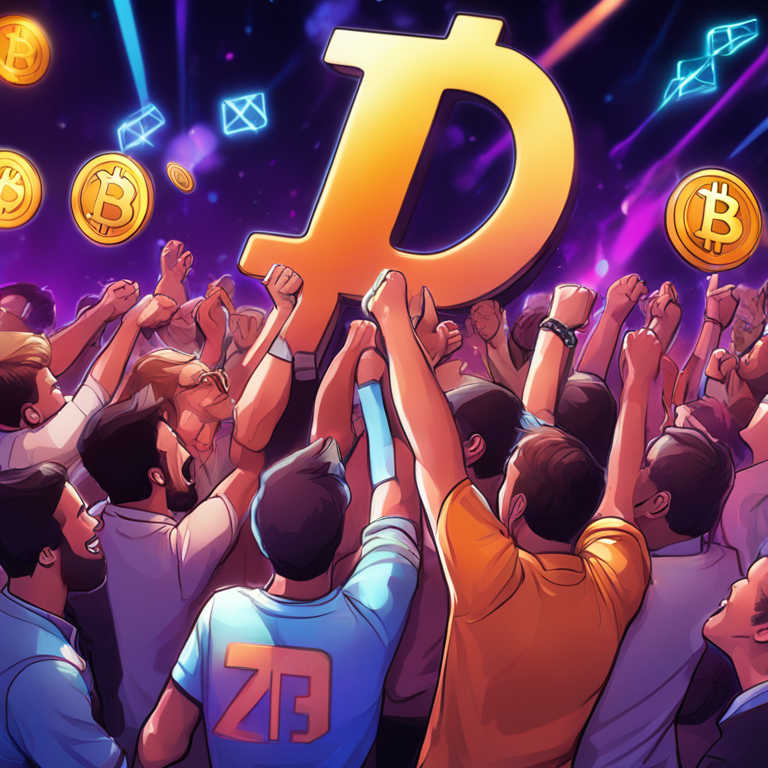 Digital illustration of an excited XRP cryptocurrency community celebrating a price surge, Artstation HQ, vibrant crowd, detailed expressions of joy, futuristic digital art