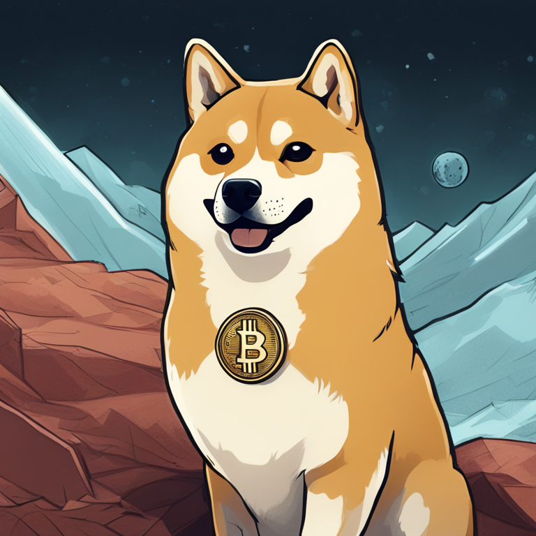 Hand-drawn digital illustration of Dogecoin showing upward trend, Artstation HQ, digital art