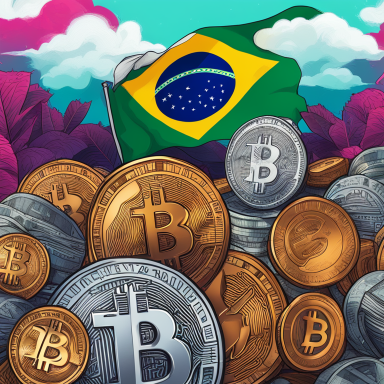 hand-drawn digital illustration, Artstation HQ, digital art of Brazilian currency intertwined with Bitcoin, representing high trading volumes in Brazil, vibrant and energetic style, trending on Artstation, high-resolution, impactful and engaging visual