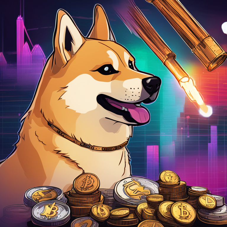 hand-drawn digital illustration, Artstation HQ, digital art of Dogecoin Bullish Candlestick Chart, vibrant colors, monetary symbols in the background, stylish, magazine cover, trending on Artstation