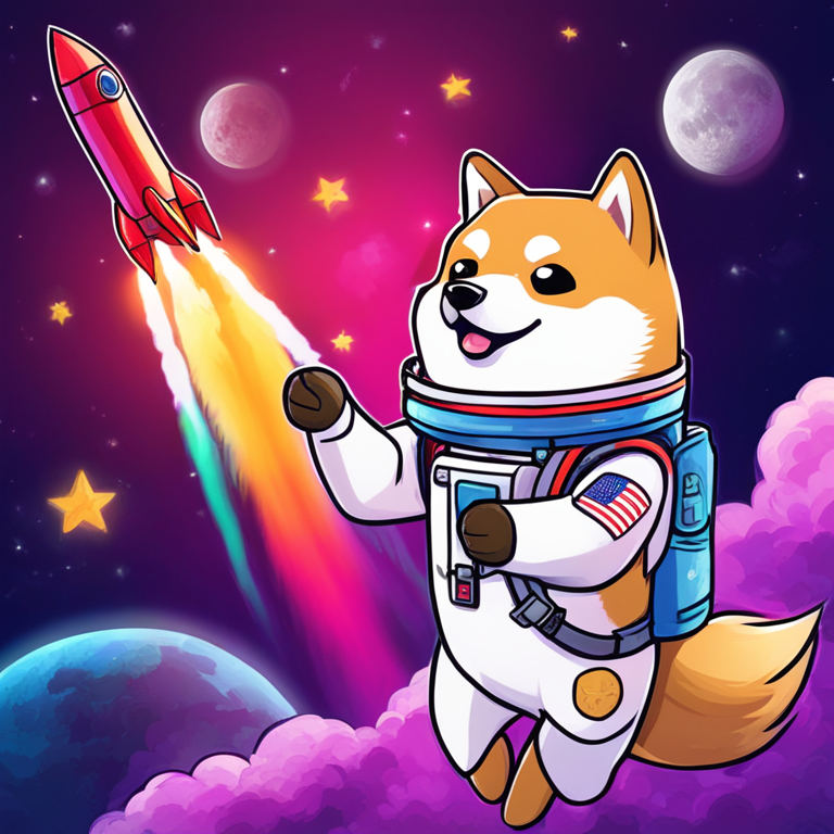 hand-drawn digital illustration, Artstation HQ, digital art, Dogecoin going to the moon with a rocket, bright, colorful, trending on Artstation