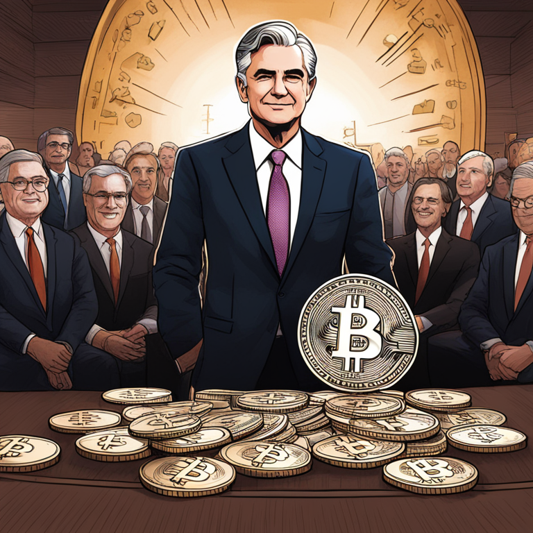 Hand-drawn digital illustration of Bitcoin and Federal Reserve with Jerome Powell speaking, Artstation HQ, digital art, trending magazine style