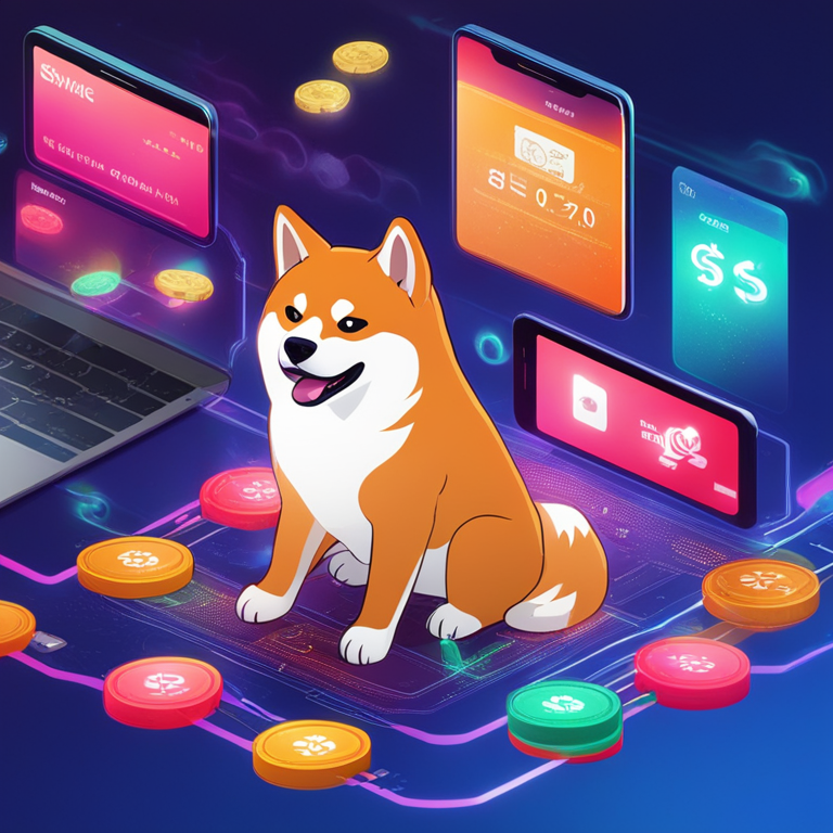 Illustration showing complex financial transactions with animated Shiba Inu tokens flowing between digital wallets, Artstation HQ, digital art, vibrant infographic