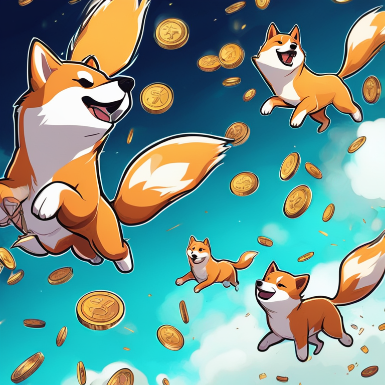 Hand-drawn digital illustration of Shiba Inu coins flying upward, vibrant comic style, Artstation HQ, digital art, trending topic, futuristic and engaging blockchain theme