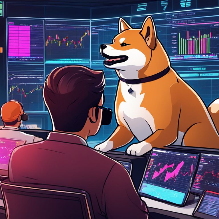 Hand-drawn digital illustration of traders observing Shiba Inu charts, high-tech trading floor, Artstation HQ, digital art, modern stock exchange setting, vibrant and dynamic colors