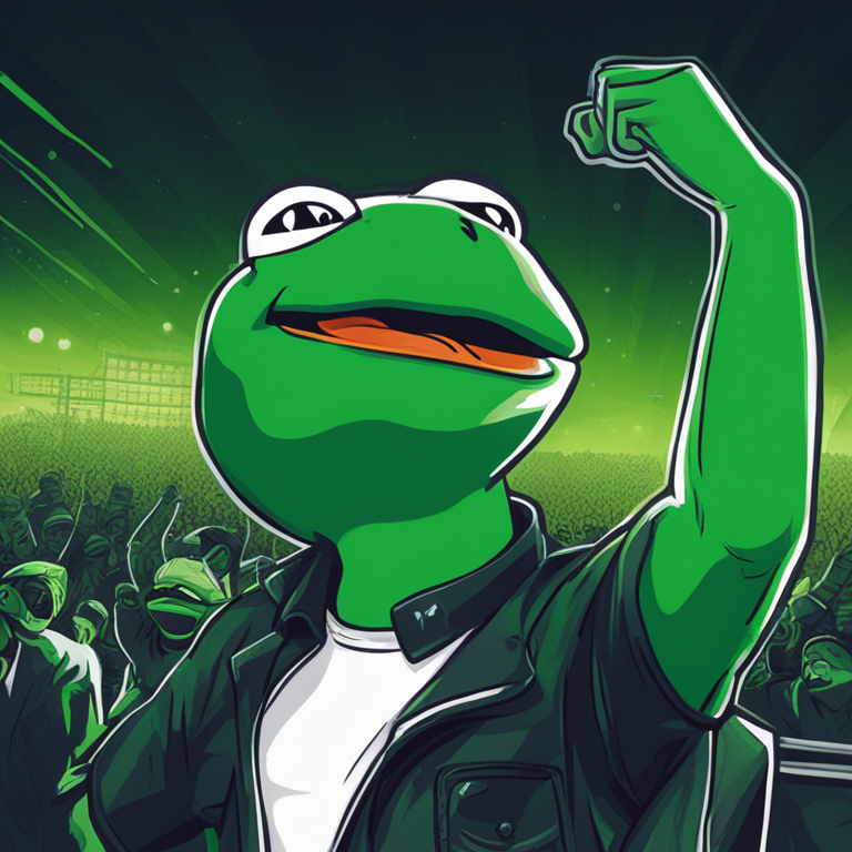 hand-drawn digital illustration of a green line chart sharply rising with Pepe the Frog character cheering, Artstation HQ, digital art