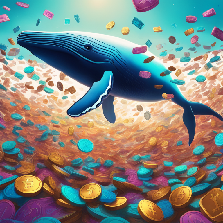 Digital illustration of a whale diving in an ocean of cryptocurrency tokens, hand-drawn, Artstation HQ, digital art, surreal, vibrant colors, representing significant whale activity in PEPE market