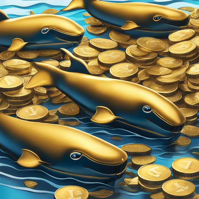 Digital illustration of cryptocurrency whales, showing various marine animals swimming among gold coins, Artstation HQ, digital art, trendy magazine style.