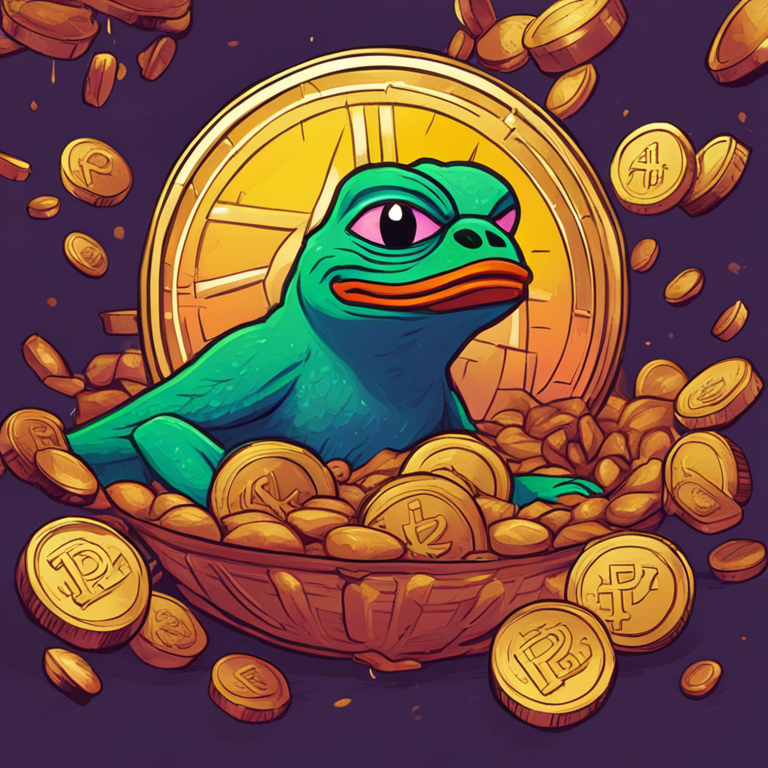 Hand-drawn digital illustration of PEPE coin rising and falling in a volatile market, Artstation HQ, digital art, vibrant colors.