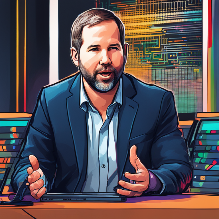 Artistic representation of Brad Garlinghouse speaking about cryptocurrency issues, hand-drawn digital illustration, Artstation HQ, modern and detailed, vibrant colors