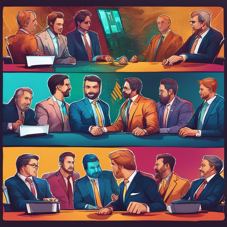 Digital illustration of cryptocurrency CEOs in a heated debate, a scene featuring Tether and Ripple logos prominently displayed, hand-drawn digital illustration, Artstation HQ, vibrant colors, trending on Artstation