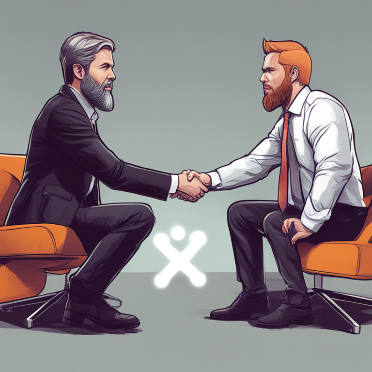 Illustration of conflict between Ripple CEO and Tether Boss, digital art, Artstation HQ, trending