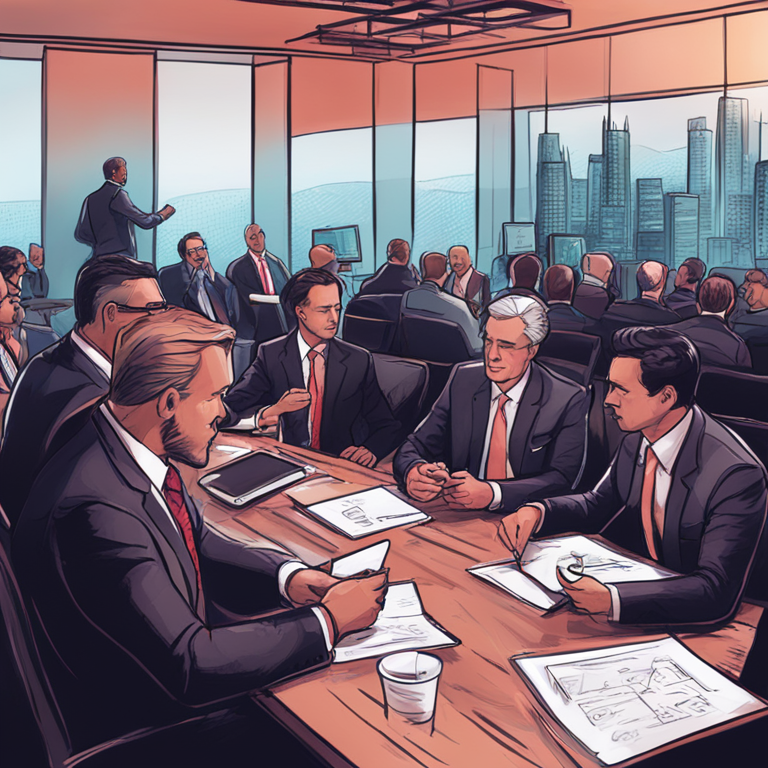 Hand-drawn digital illustration showing CEOs in a business conference setting, Artstation HQ, discussing interest rate cuts, digital art