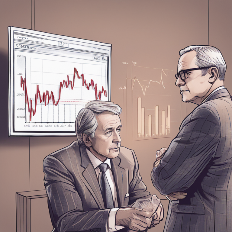 Hand-drawn digital illustration of two contrasting graphs depicting rising inflation, with concerned CEOs pondering financial forecasts, Artstation HQ, digital art, high-detail, trending magazine publication style