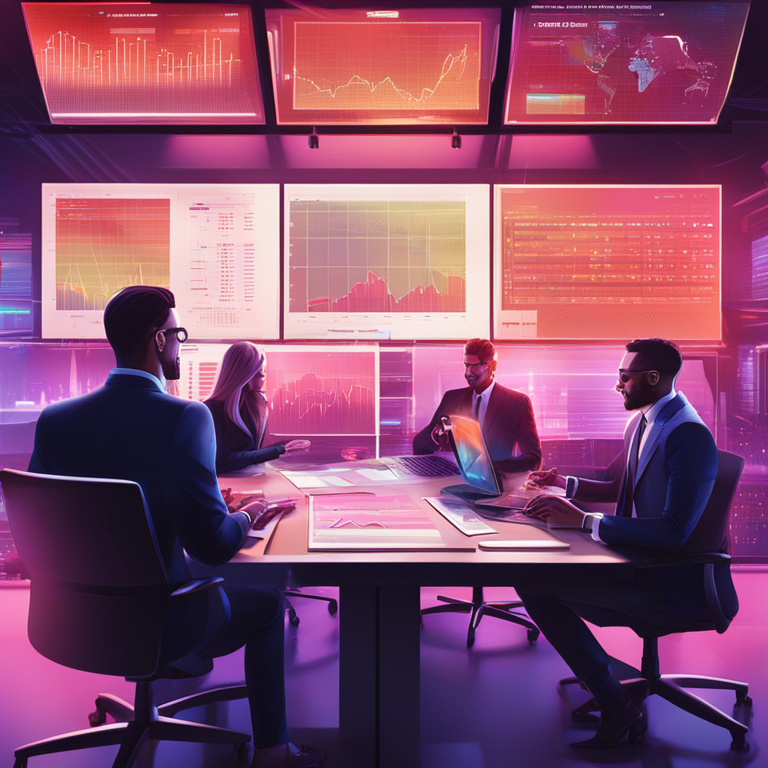 Detailed digital illustration of business executives analyzing financial charts with futuristic data visualizations in the background, Artstation HQ, vibrant and professional magazine style, digital art