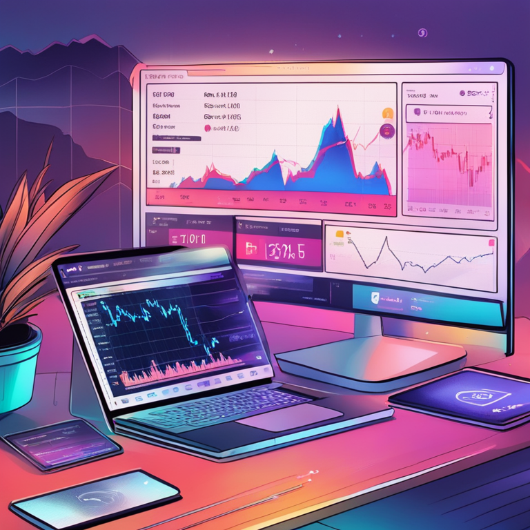 hand-drawn digital illustration of Binance exchange platform interface with trading charts and XRP notification, Artstation HQ, digital art, trendy magazine layout, futuristic theme, vibrant colors