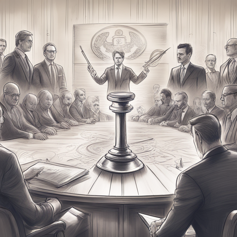 Ripple vs. SEC legal battle depiction with judges, lawyers, and cryptocurrency symbols, pencil-sketch style, high-resolution, crisp and clear, Artstation quality visuals