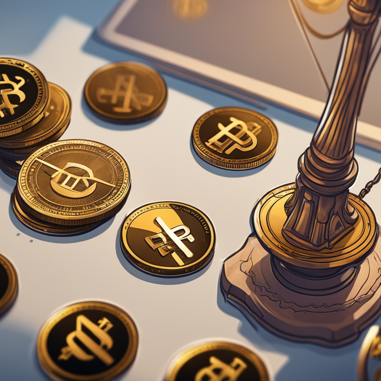 A detailed digital illustration showing the scales of justice, cryptocurrency tokens, Ripple and SEC logos, Artstation HQ