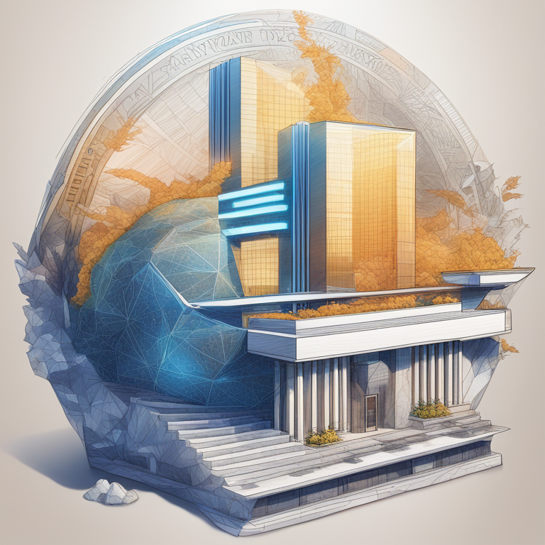 Hand-drawn digital illustration, Artstation HQ, European Central Bank planning digital currencies with a blend of traditional paper currency and futuristic digital representation, detailed and vibrant, modern financial architecture.