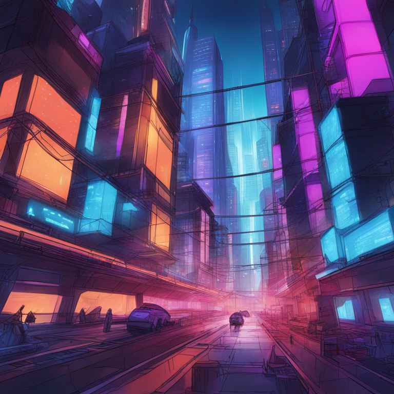 hand-drawn digital illustration, Artstation HQ, digital art, depicting a futuristic scenario with AI and blockchain seamlessly interacting, advanced data streams, futuristic cityscape, vibrant and dynamic colors