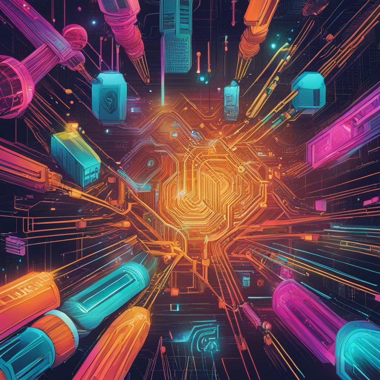 hand-drawn digital illustration, Artstation HQ, digital art, representing the interconnection of AI and smart contracts boosting market valuation, futuristic and bold, intricate details, vibrant colors, trending in tech magazines