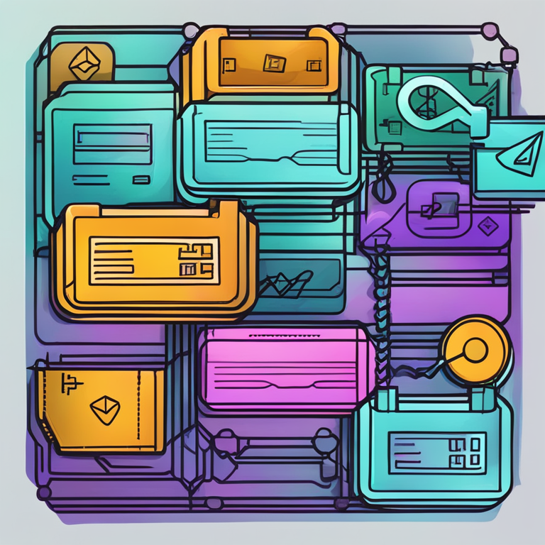 hand-drawn digital illustration of a blockchain network with multiple wallets, Artstation HQ, digital art, futuristic style, abstract, vibrant color palette, cryptocurrency theme