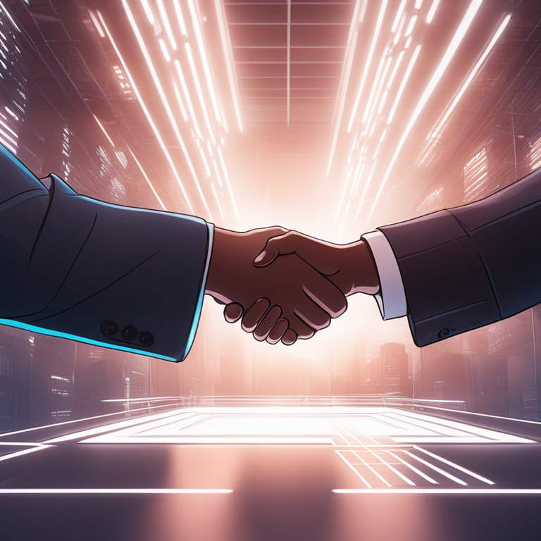 digital illustration of collaboration and handshake between business partners, Artstation HQ, futuristic, corporate vibe, mutual agreement, blockchain integration, detailed textures, modern aesthetic