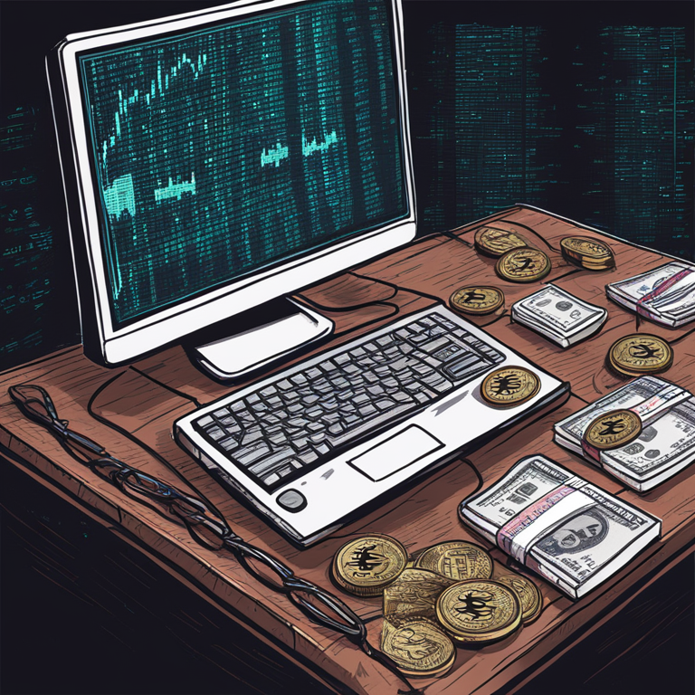 Hand-drawn digital illustration of digital currency and computer code, symbolizing money laundering, digital art, trending on Artstation